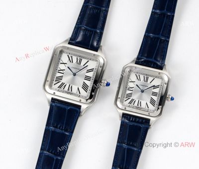 Swiss Grade 1 Cartier Santos Dumont SS Blue Leather Band Lovers Watch Super Clone